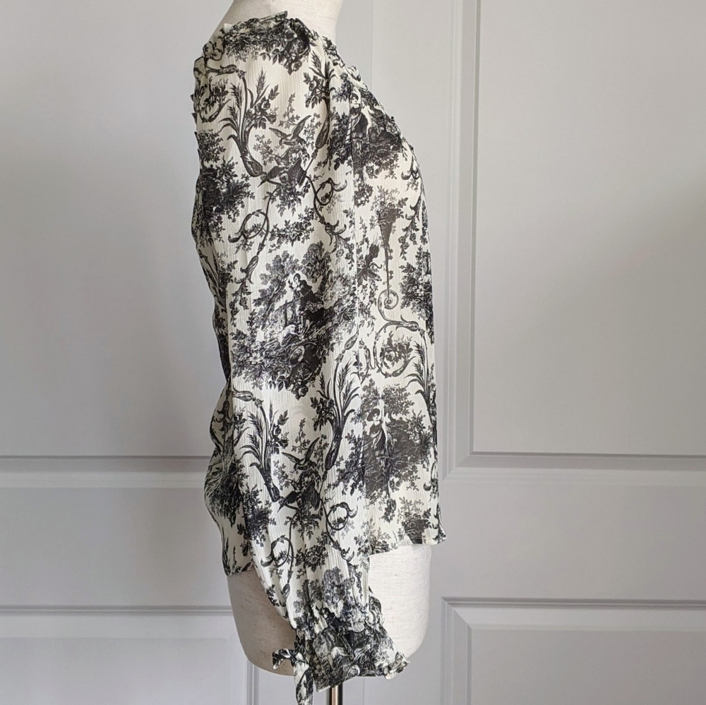 PAIGE Blouse 100% Silk Semi-Sheer Long Sleeves Toile Print Black Parchment S NWT - Picture 7 of 16